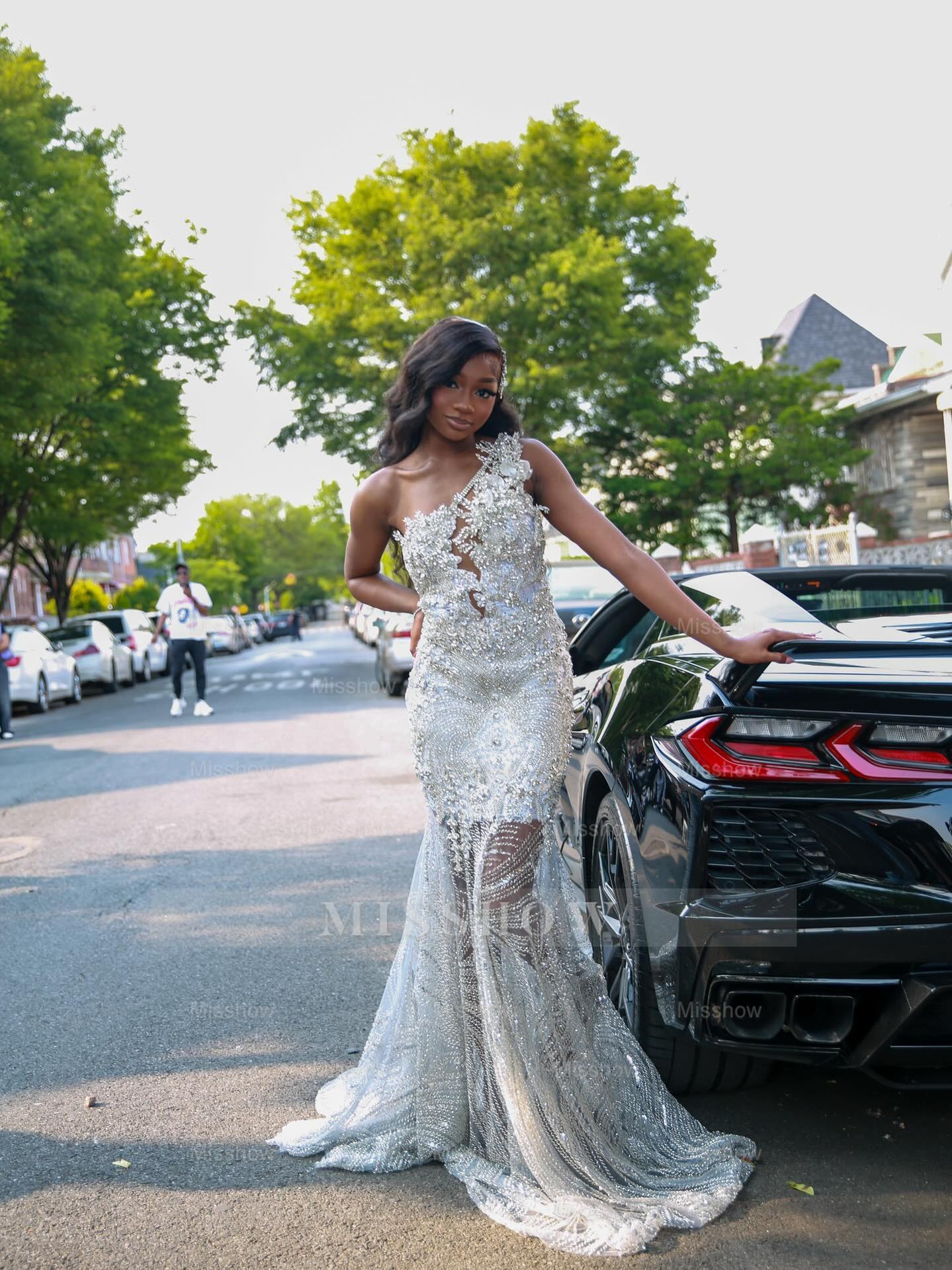 Popular Long Silver V-Neck Sleeveless Mermaid Prom Dress with Rhinestones