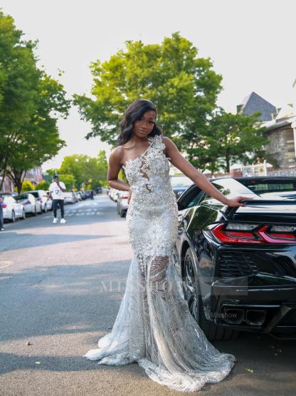 Popular Long Silver V-Neck Sleeveless Mermaid Prom Dress with Rhinestones