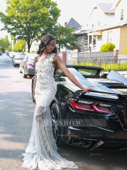 Popular Long Silver V-Neck Sleeveless Mermaid Prom Dress with Rhinestones