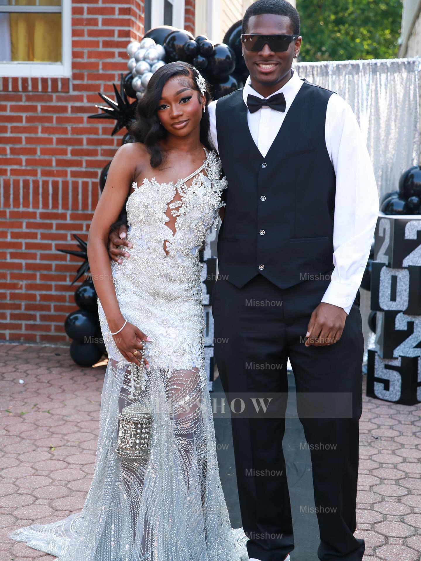 Popular Long Silver V-Neck Sleeveless Mermaid Prom Dress with Rhinestones