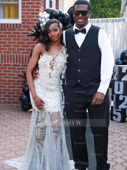 Popular Long Silver V-Neck Sleeveless Mermaid Prom Dress with Rhinestones