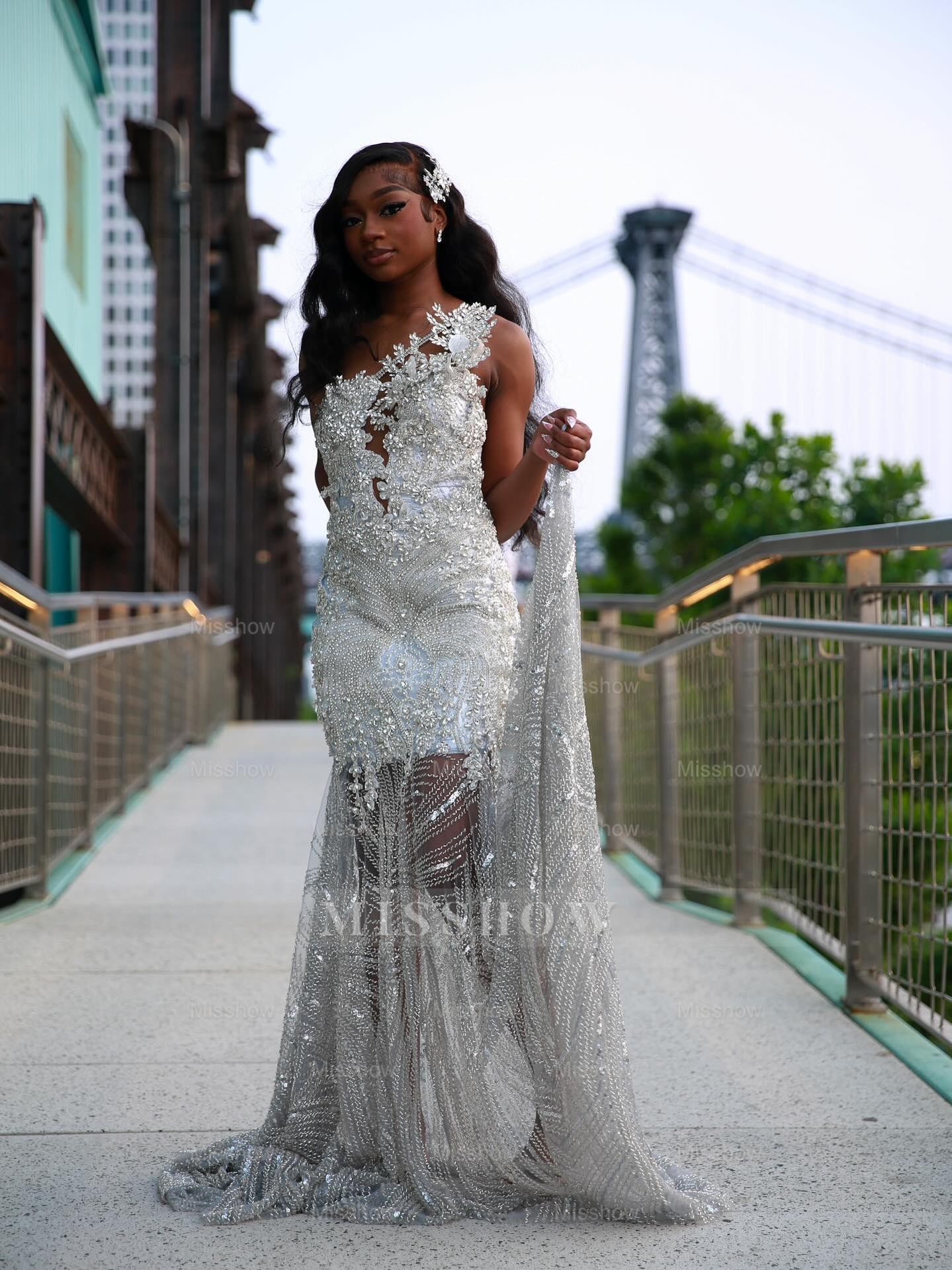 Popular Long Silver V-Neck Sleeveless Mermaid Prom Dress with Rhinestones