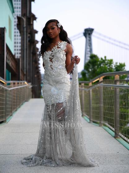 Popular Long Silver V-Neck Sleeveless Mermaid Prom Dress with Rhinestones