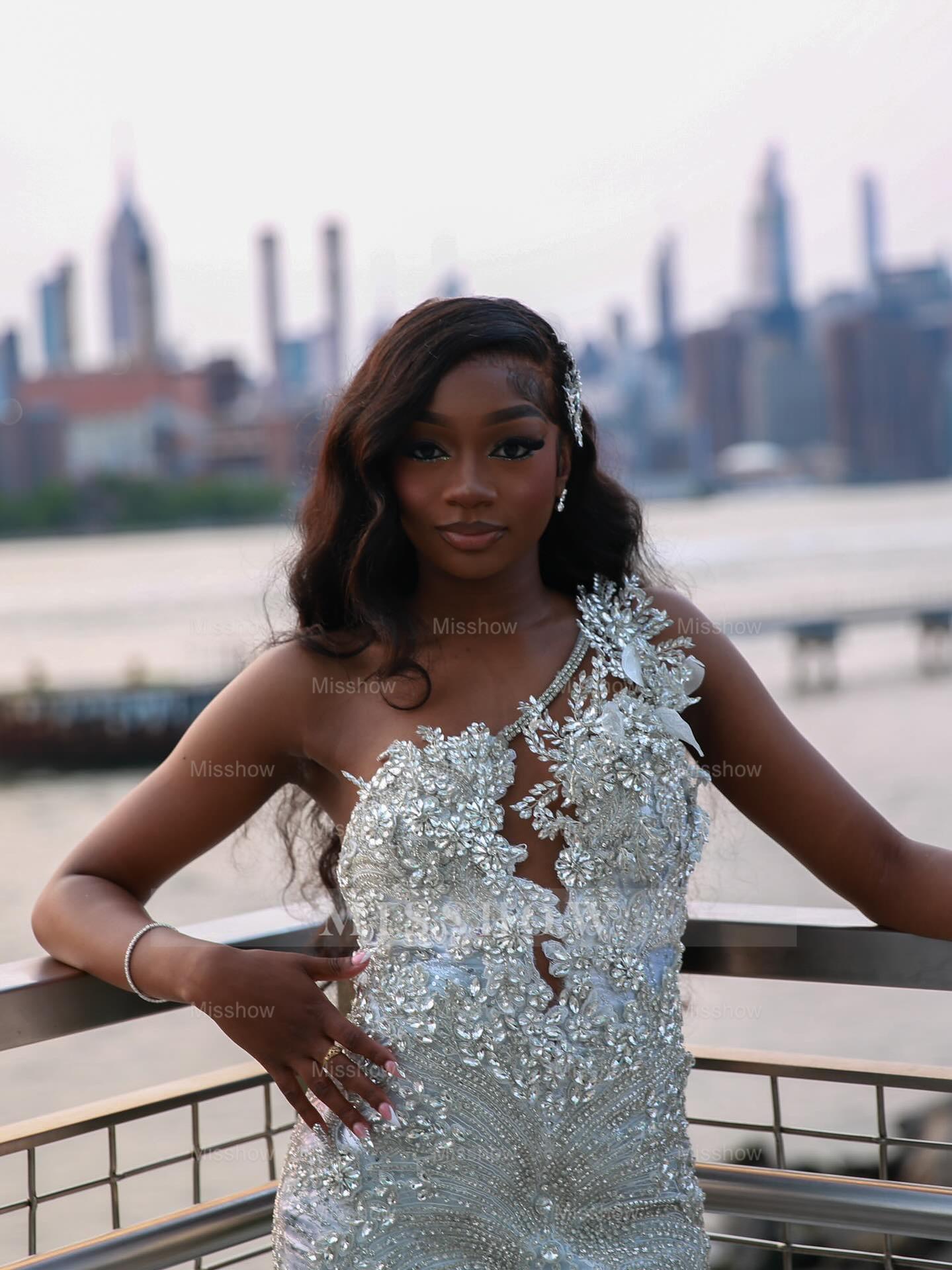 Popular Long Silver V-Neck Sleeveless Mermaid Prom Dress with Rhinestones