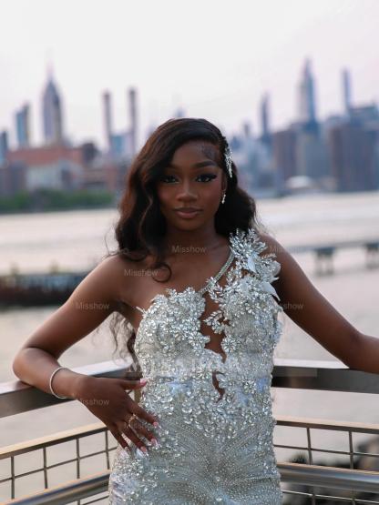 Popular Long Silver V-Neck Sleeveless Mermaid Prom Dress with Rhinestones