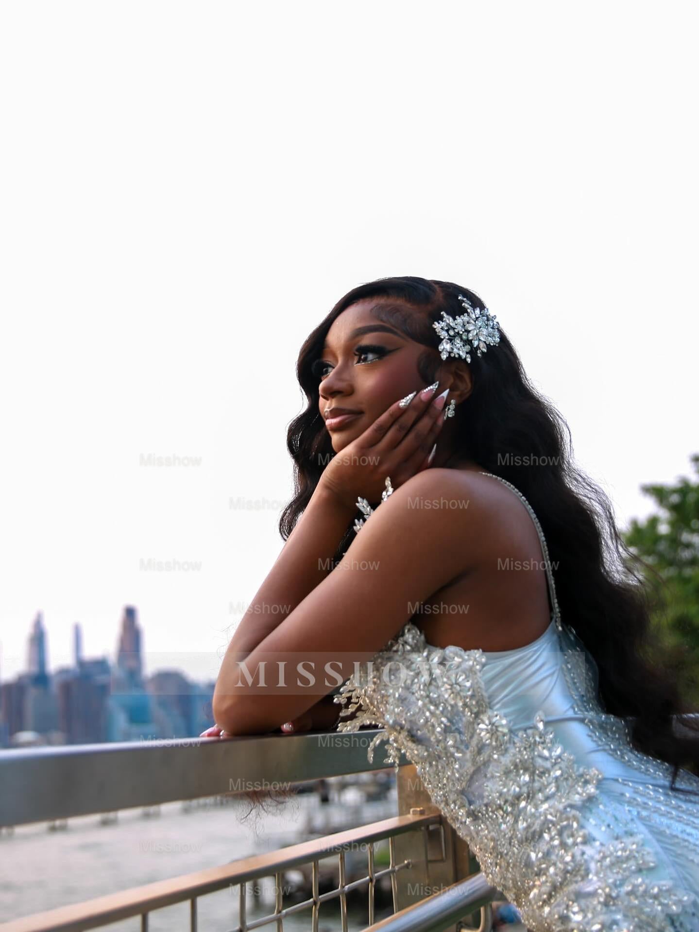 Popular Long Silver V-Neck Sleeveless Mermaid Prom Dress with Rhinestones