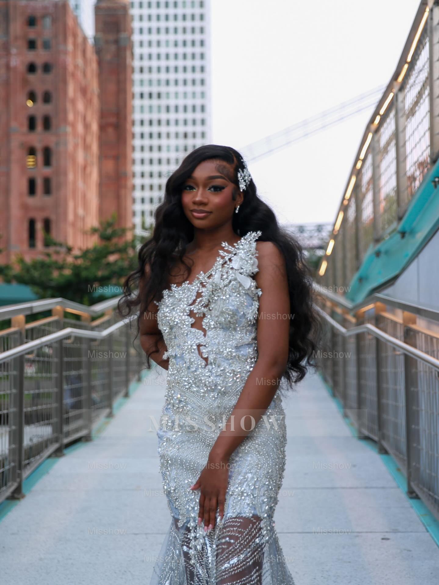 Popular Long Silver V-Neck Sleeveless Mermaid Prom Dress with Rhinestones