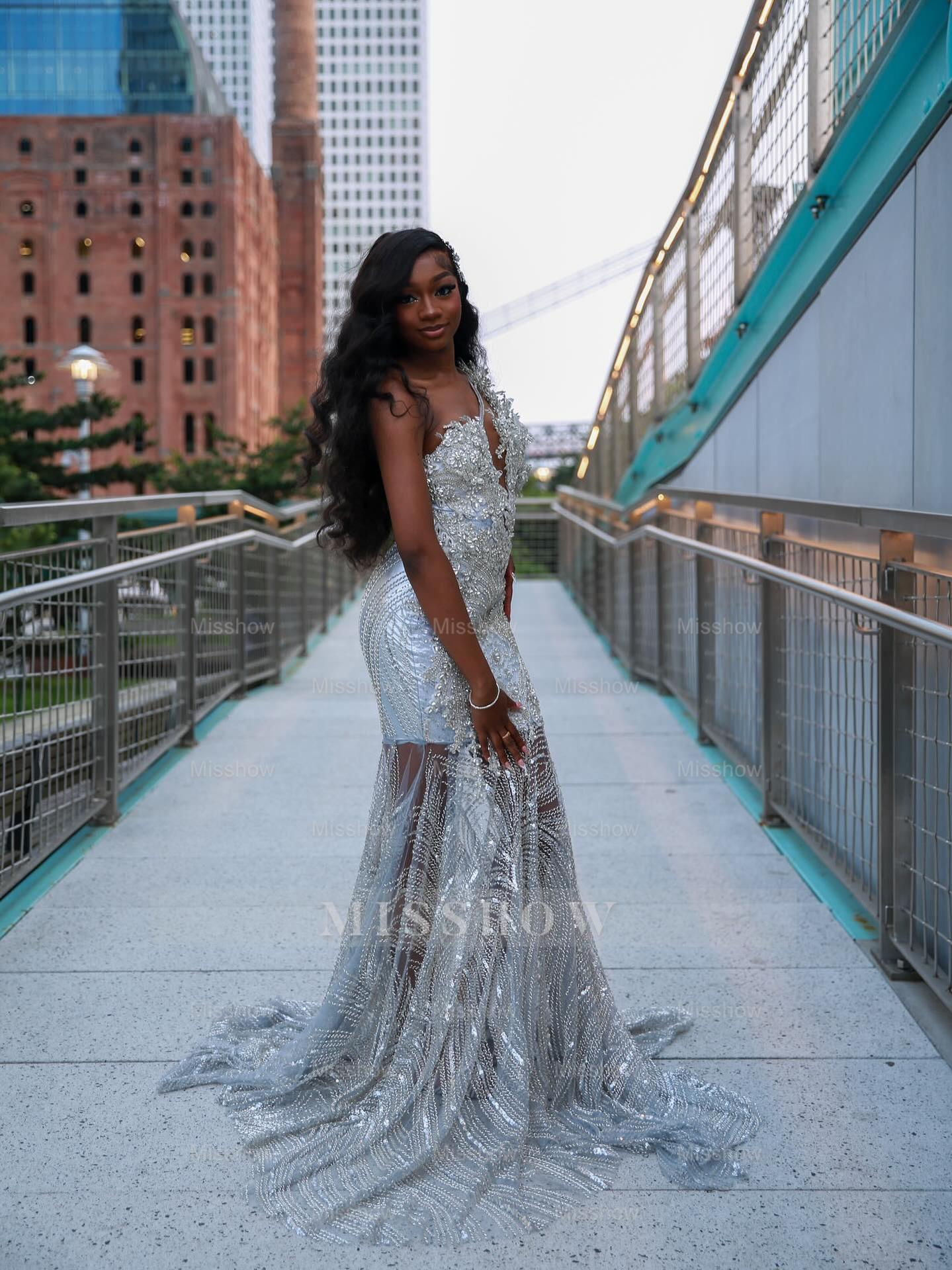 Popular Long Silver V-Neck Sleeveless Mermaid Prom Dress with Rhinestones