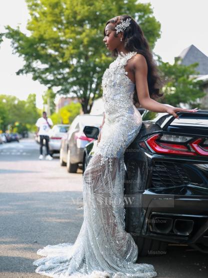 Popular Long Silver V-Neck Sleeveless Mermaid Prom Dress with Rhinestones