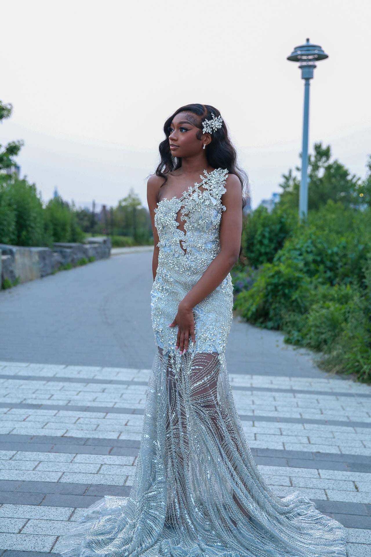 Popular Long Silver V-Neck Sleeveless Mermaid Prom Dress with Rhinestones