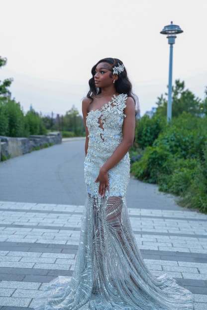 Popular Long Silver V-Neck Sleeveless Mermaid Prom Dress with Rhinestones