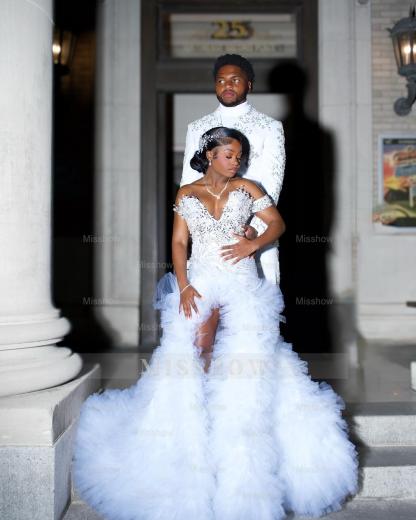 Popular Long White One Shoulder Sleeveless Mermaid Prom Dress with Ruffles and Slit