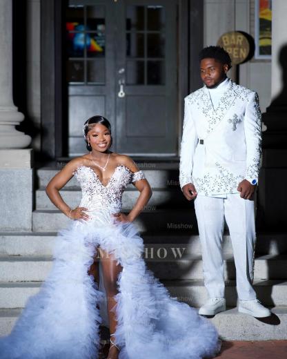 Popular Long White One Shoulder Sleeveless Mermaid Prom Dress with Ruffles and Slit