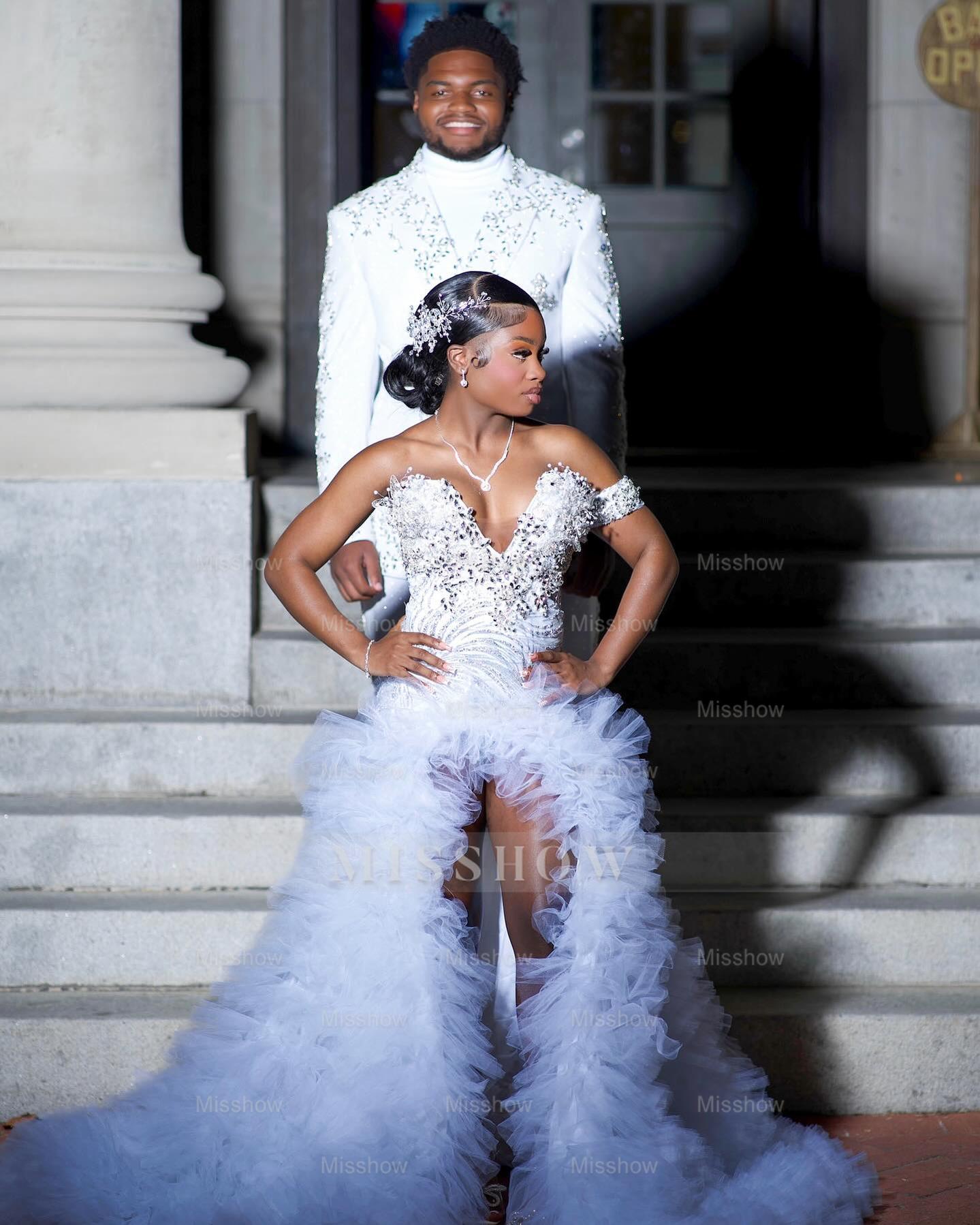 Popular Long White One Shoulder Sleeveless Mermaid Prom Dress with Ruffles and Slit