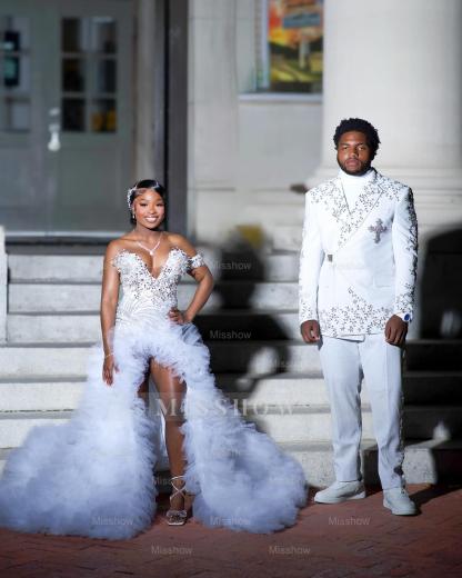 Popular Long White One Shoulder Sleeveless Mermaid Prom Dress with Ruffles and Slit