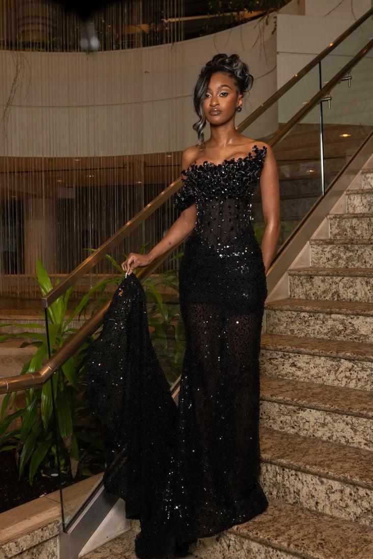Pretty Black Long Mermaid Beaded Strapless Lace Prom Dress