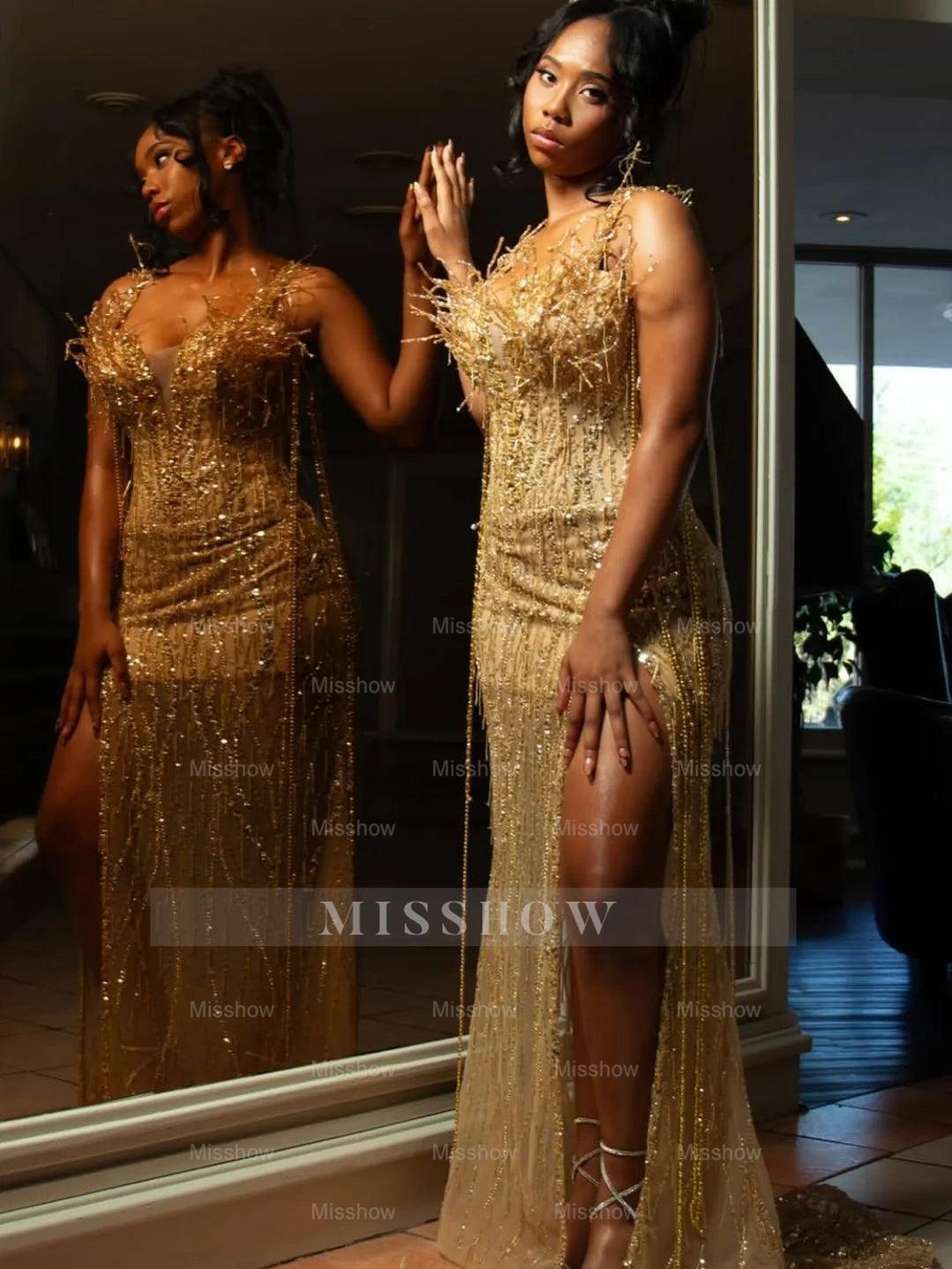 Pretty Gold V-neck Mermaid Beading Strapless Long Prom Dress with Slit