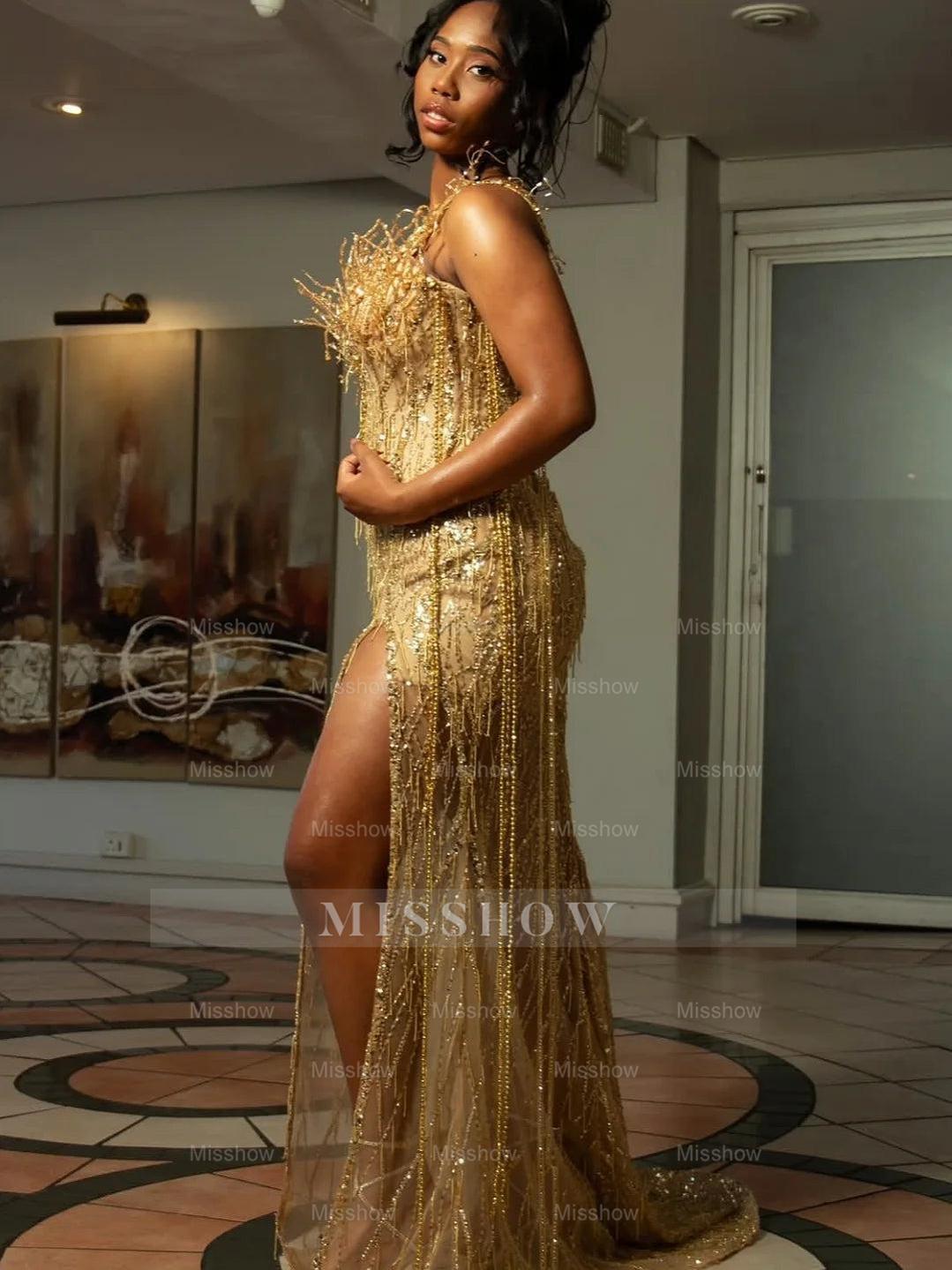 Pretty Gold V-neck Mermaid Beading Strapless Long Prom Dress with Slit