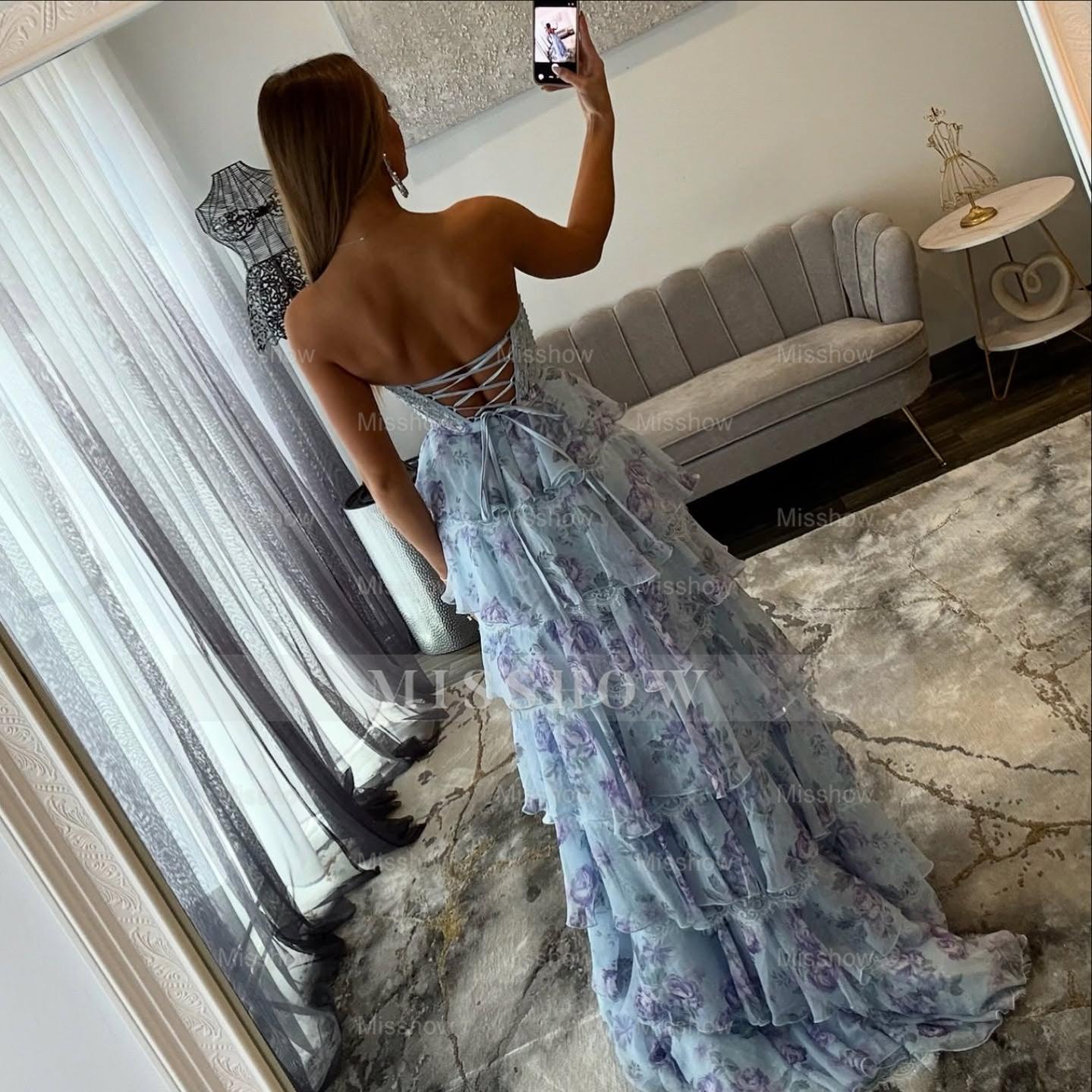 Pretty Long Blue Strapless A-line Floral Prom Dress with Slit and Lace