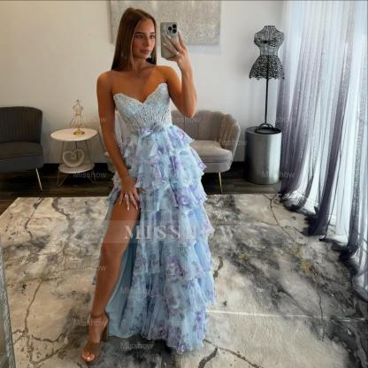 Pretty Long Blue Strapless A-line Floral Prom Dress with Slit and Lace