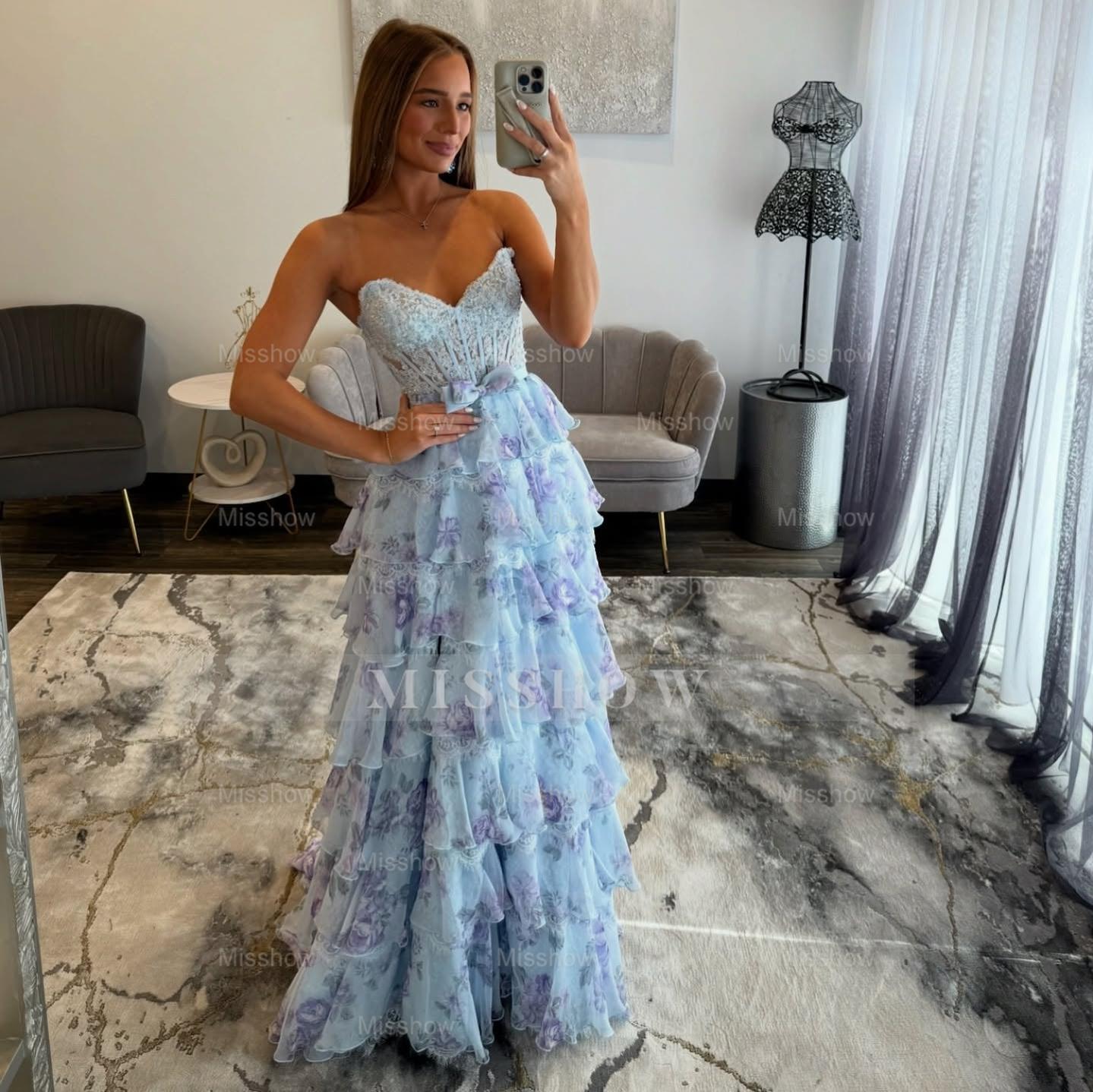 Pretty Long Blue Strapless A-line Floral Prom Dress with Slit and Lace