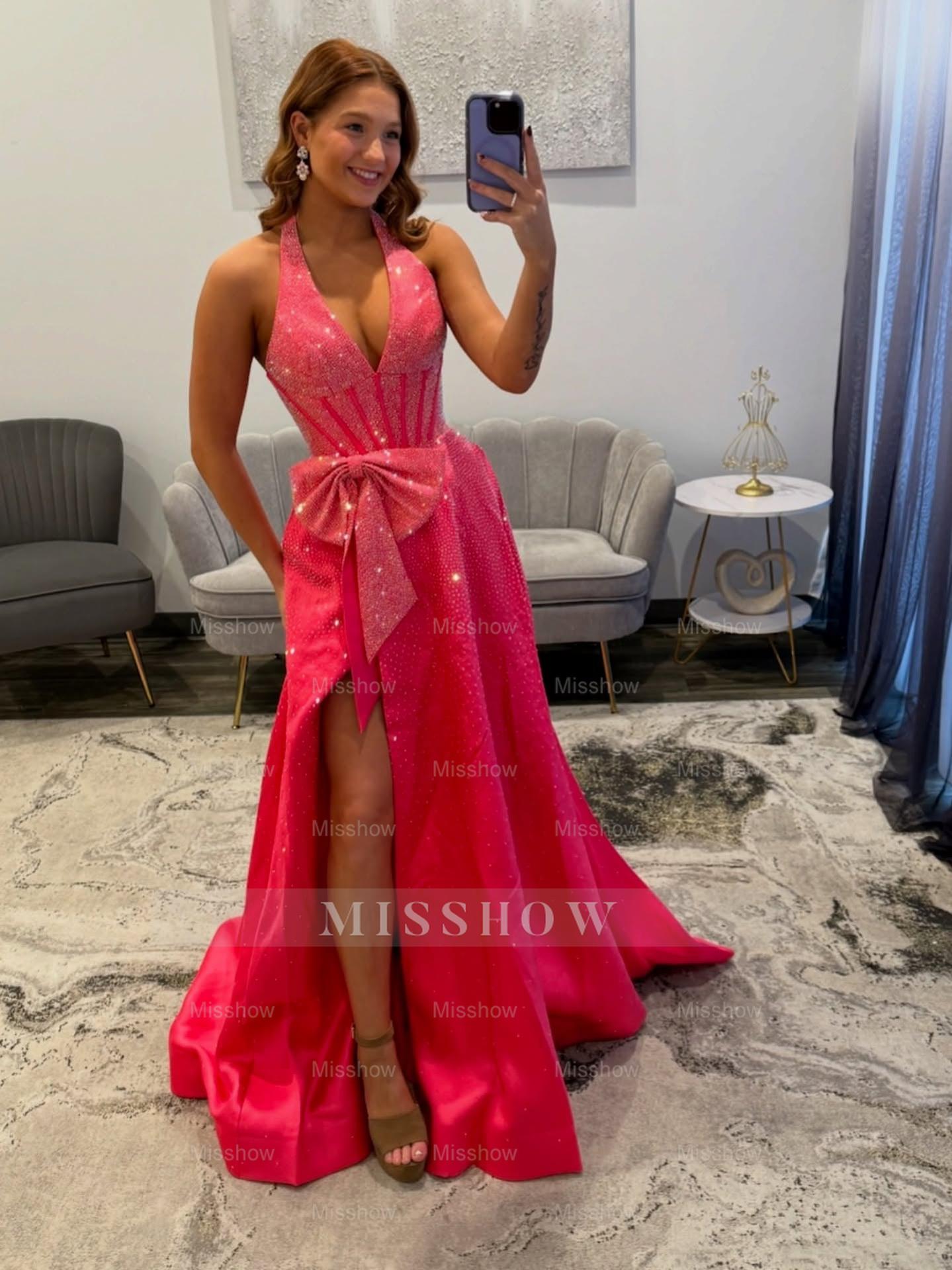 Pretty Long Pink A-line Halter V-neck Glitter Prom Dress with Slit and Bow