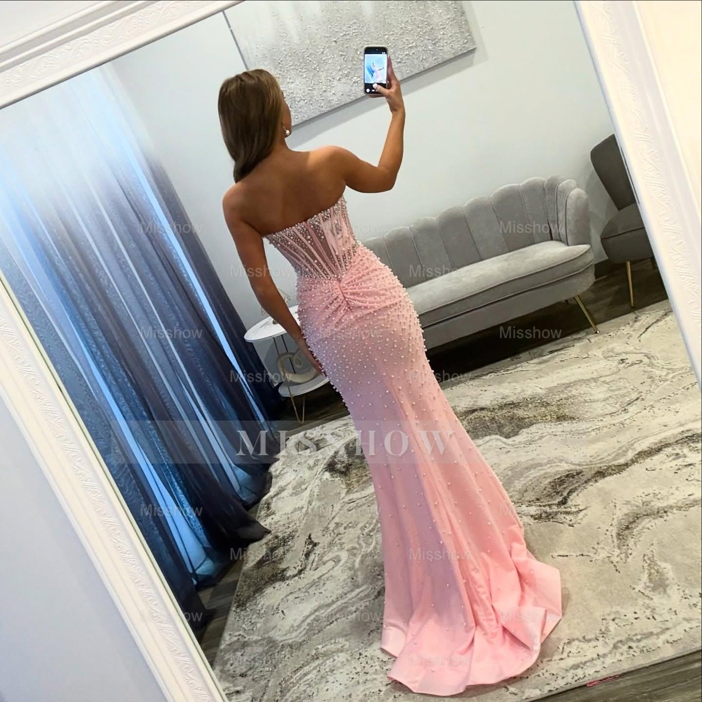 Pretty Long Pink Mermaid Strapless Prom Dress with Slit and Pearls