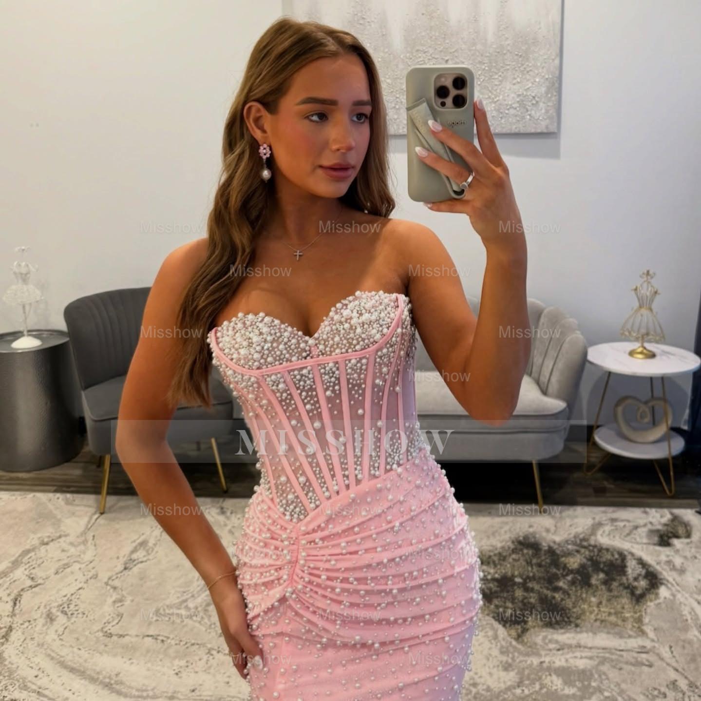 Pretty Long Pink Mermaid Strapless Prom Dress with Slit and Pearls