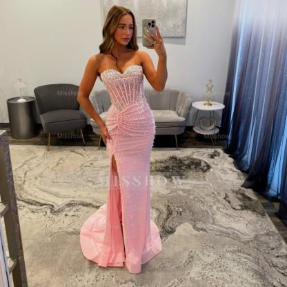 Pretty Long Pink Mermaid Strapless Prom Dress with Slit and Pearls