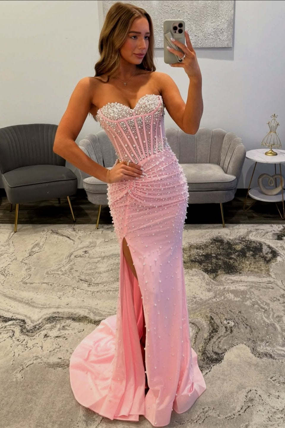 Pretty Long Pink Mermaid Strapless Prom Dress with Slit and Pearls