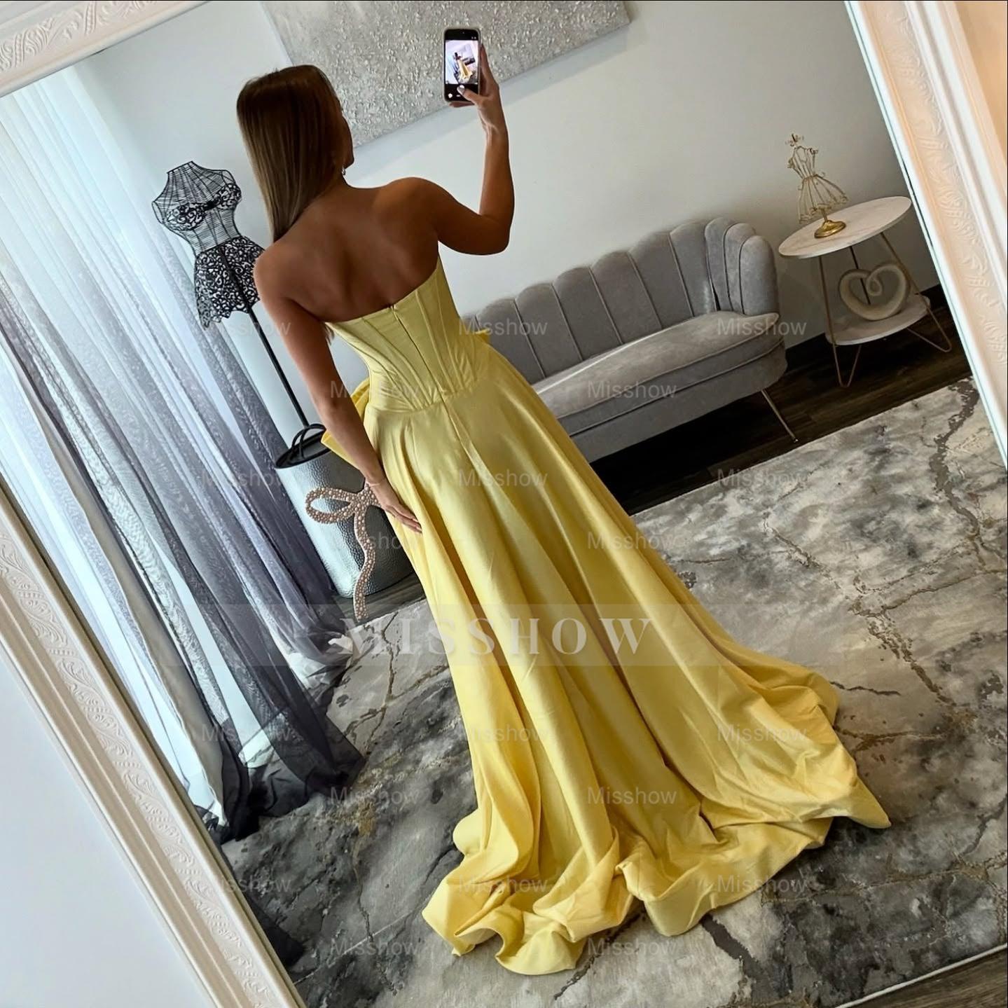 Pretty Long Yellow A-line Strapless Prom Dress with Slit and Bow