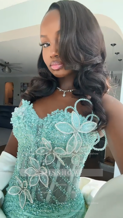 Pretty Mint Strapless Corset Mermaid Beaded Long Prom Dress with Slit