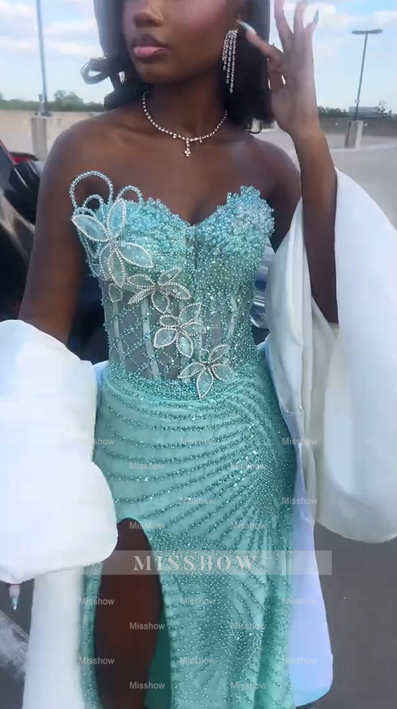 Pretty Mint Strapless Corset Mermaid Beaded Long Prom Dress with Slit