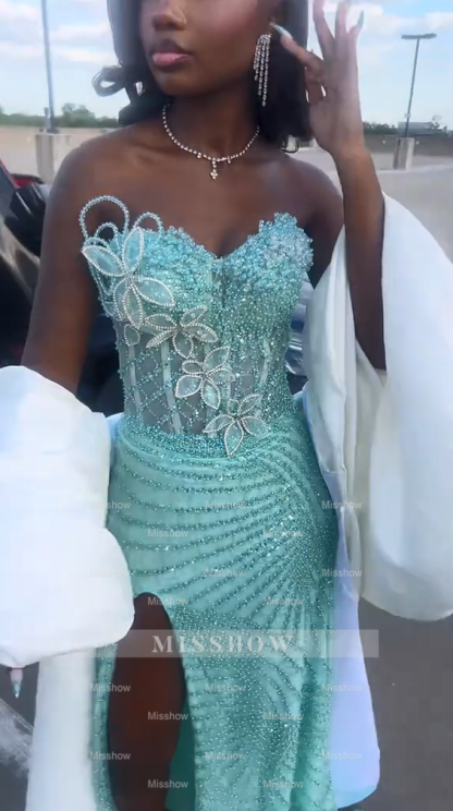 Pretty Mint Strapless Corset Mermaid Beaded Long Prom Dress with Slit