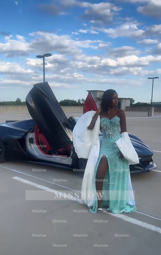 Pretty Mint Strapless Corset Mermaid Beaded Long Prom Dress with Slit