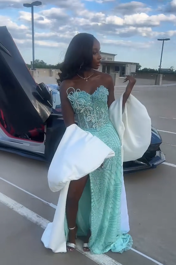 Pretty Mint Strapless Corset Mermaid Beaded Long Prom Dress with Slit