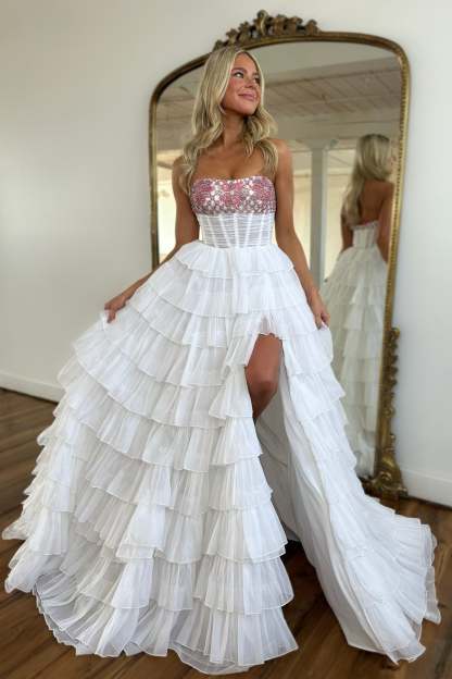 Princess Long A-line White Strapless Beaded Prom Dress with Slit