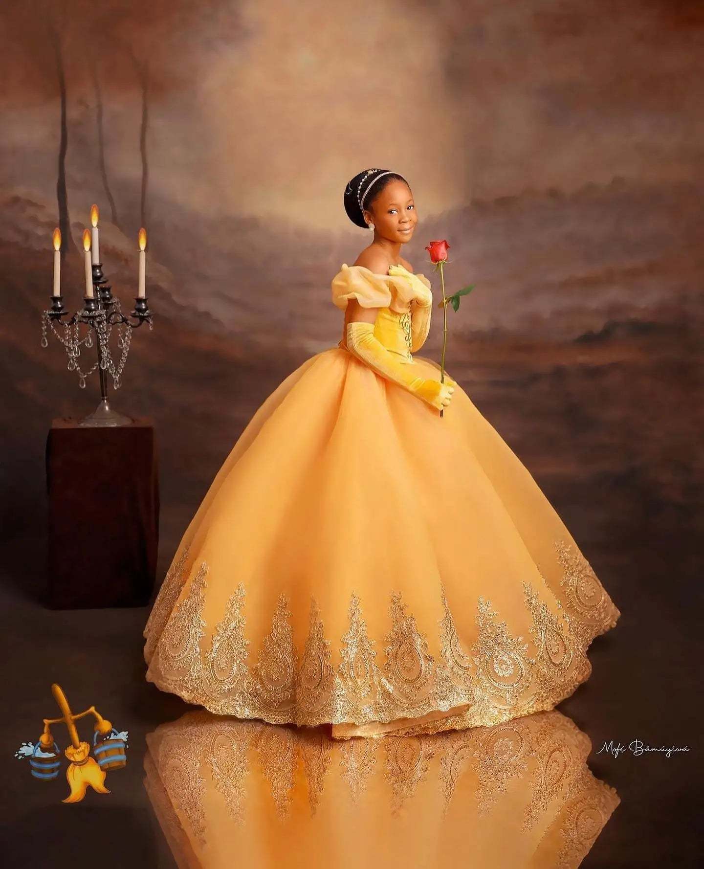 Princess Off The Shoulder Yellow Girl Pageant Lace Flower Girls Dresses for Wedding