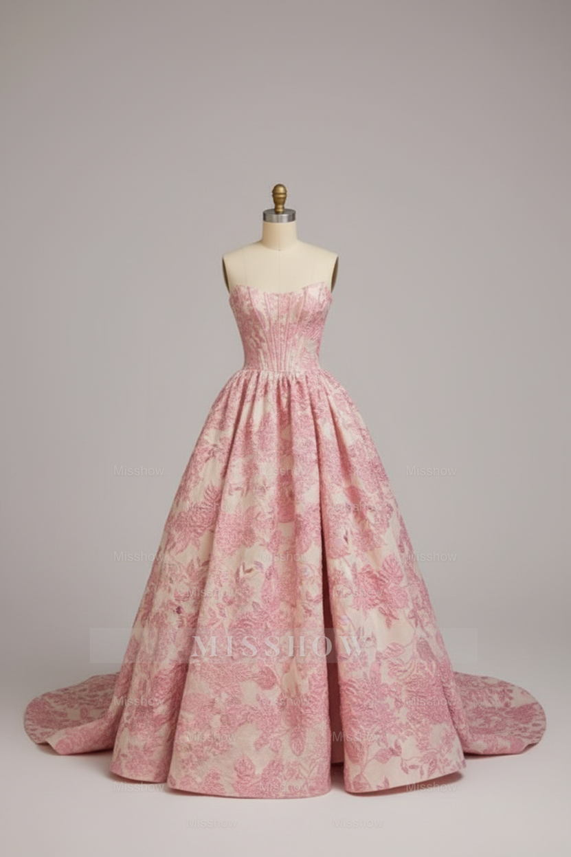 Princess Pink Floral Embroidered Ball Gown with Corset and High Slit Pockets