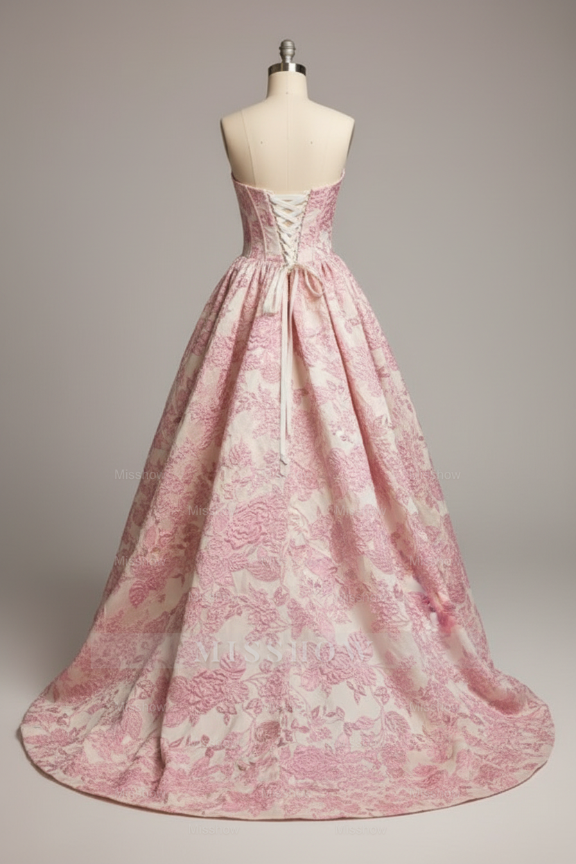 Princess Pink Floral Embroidered Ball Gown with Corset and High Slit Pockets