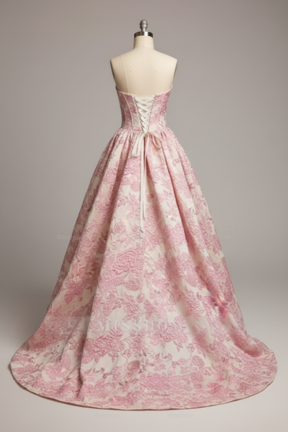 Princess Pink Floral Embroidered Ball Gown with Corset and High Slit Pockets