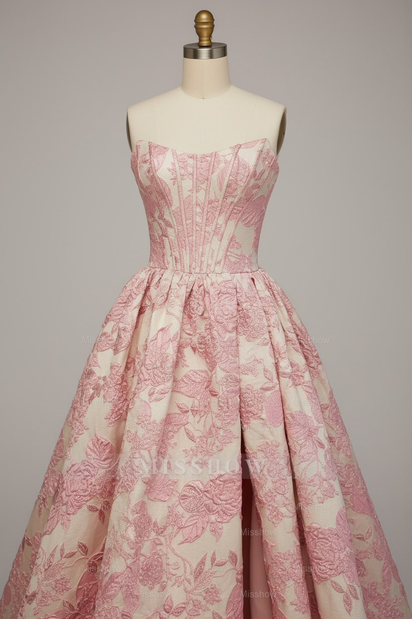 Princess Pink Floral Embroidered Ball Gown with Corset and High Slit Pockets