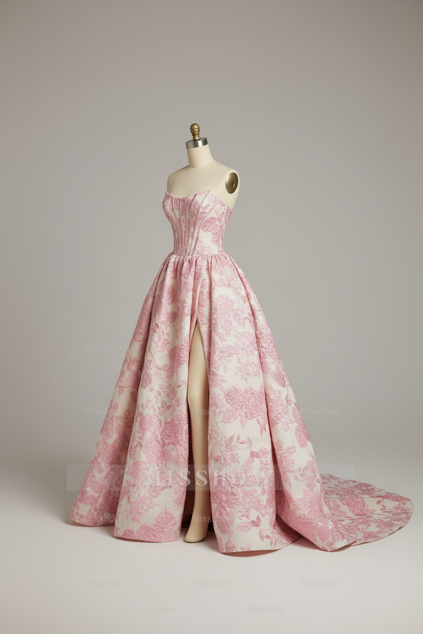 Princess Pink Floral Embroidered Ball Gown with Corset and High Slit Pockets