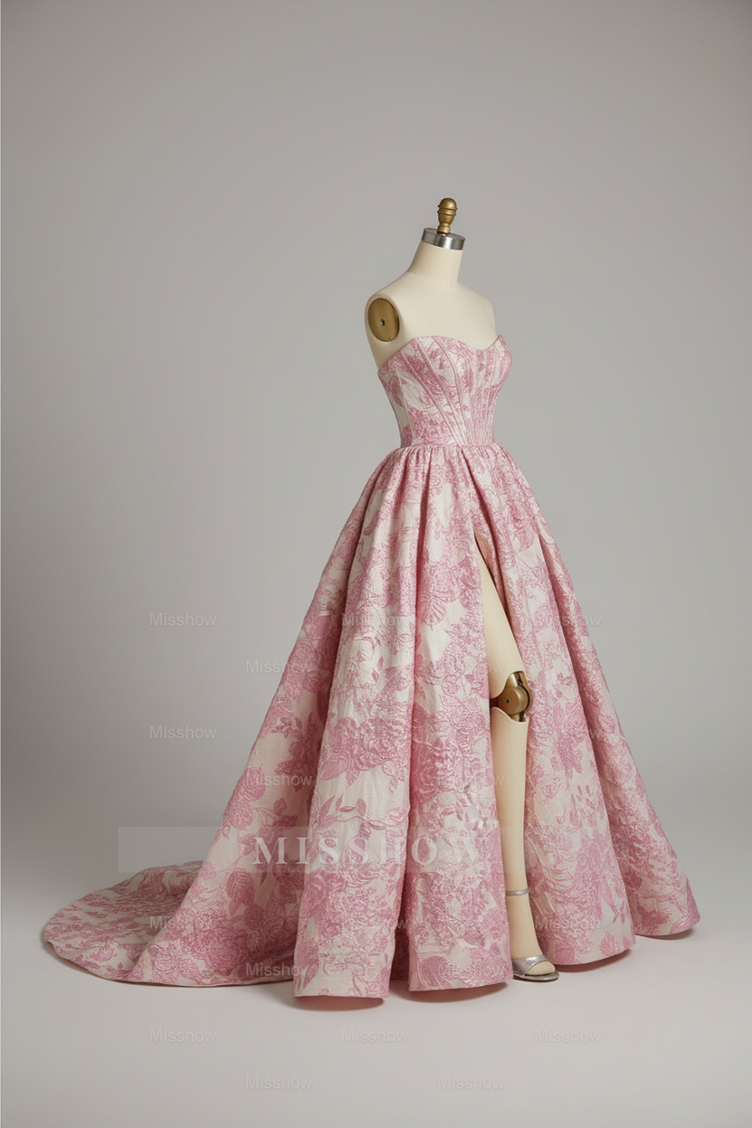 Princess Pink Floral Embroidered Ball Gown with Corset and High Slit Pockets