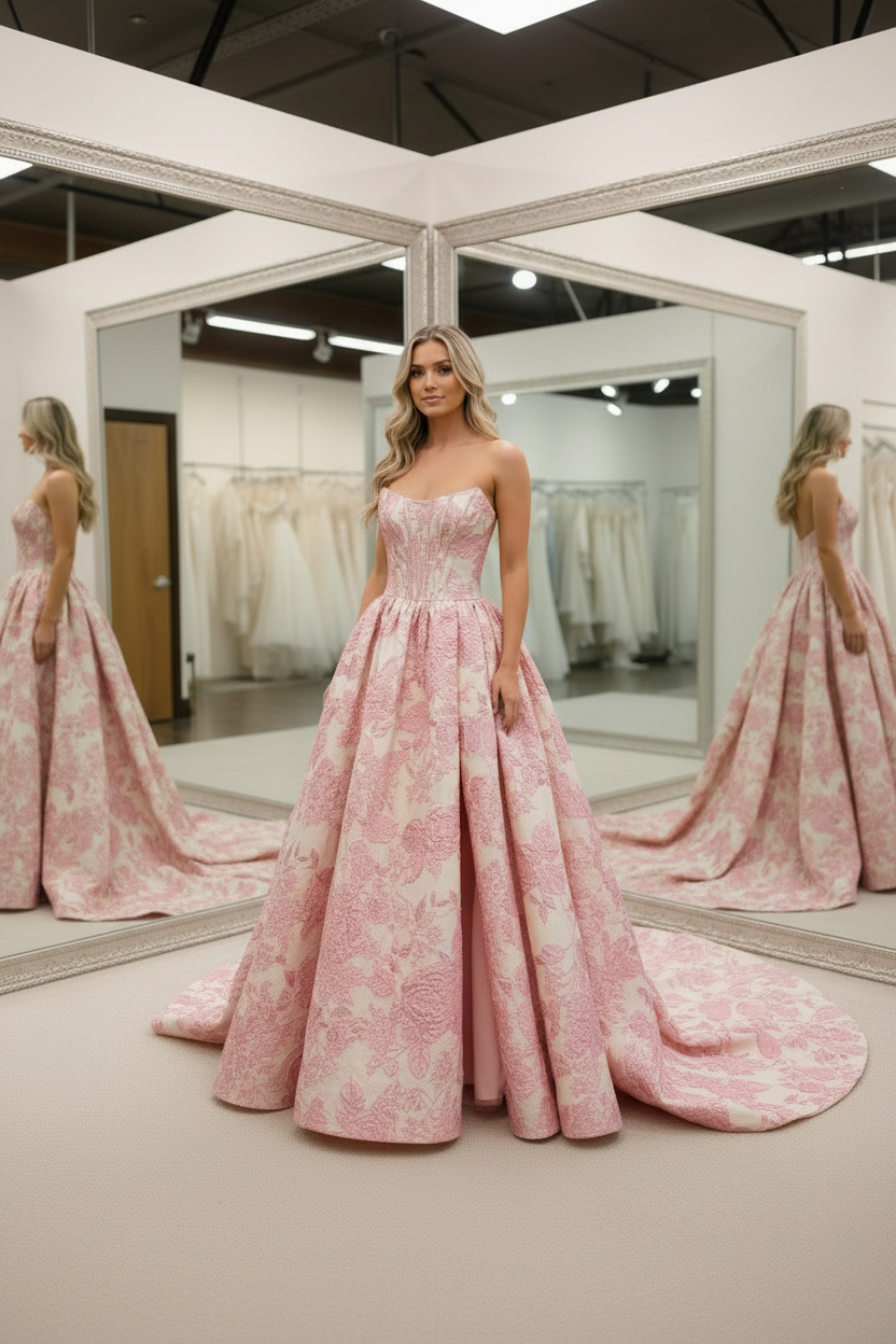 Princess Pink Floral Embroidered Ball Gown with Corset and High Slit Pockets