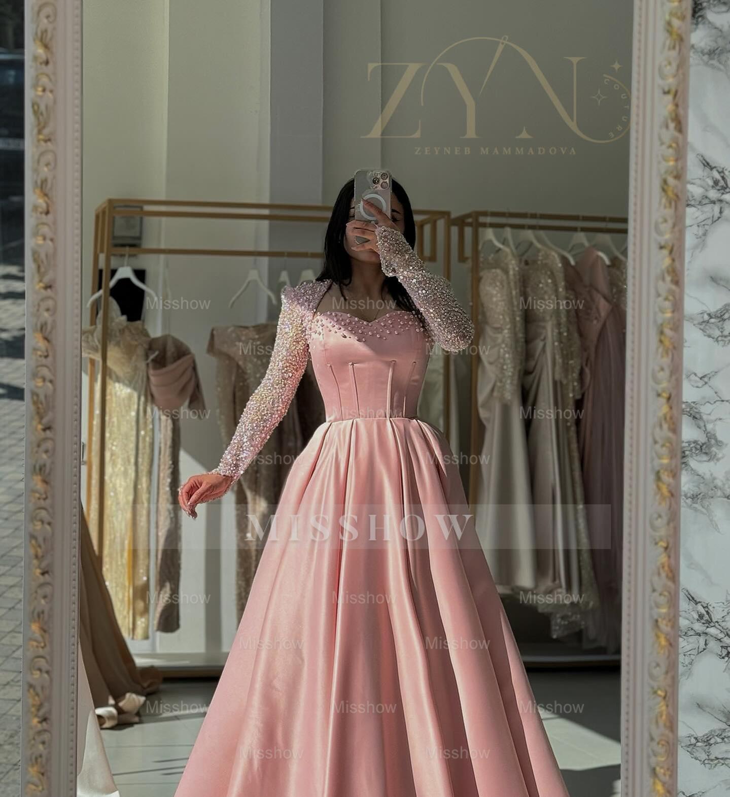 Princess Pink Sweetheart Long-Sleeve A-Line Formal Dress with Rhinestones