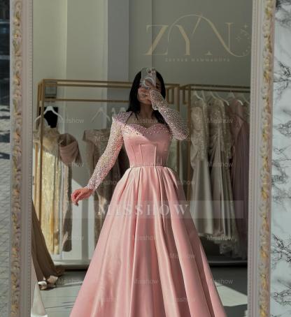 Princess Pink Sweetheart Long-Sleeve A-Line Formal Dress with Rhinestones