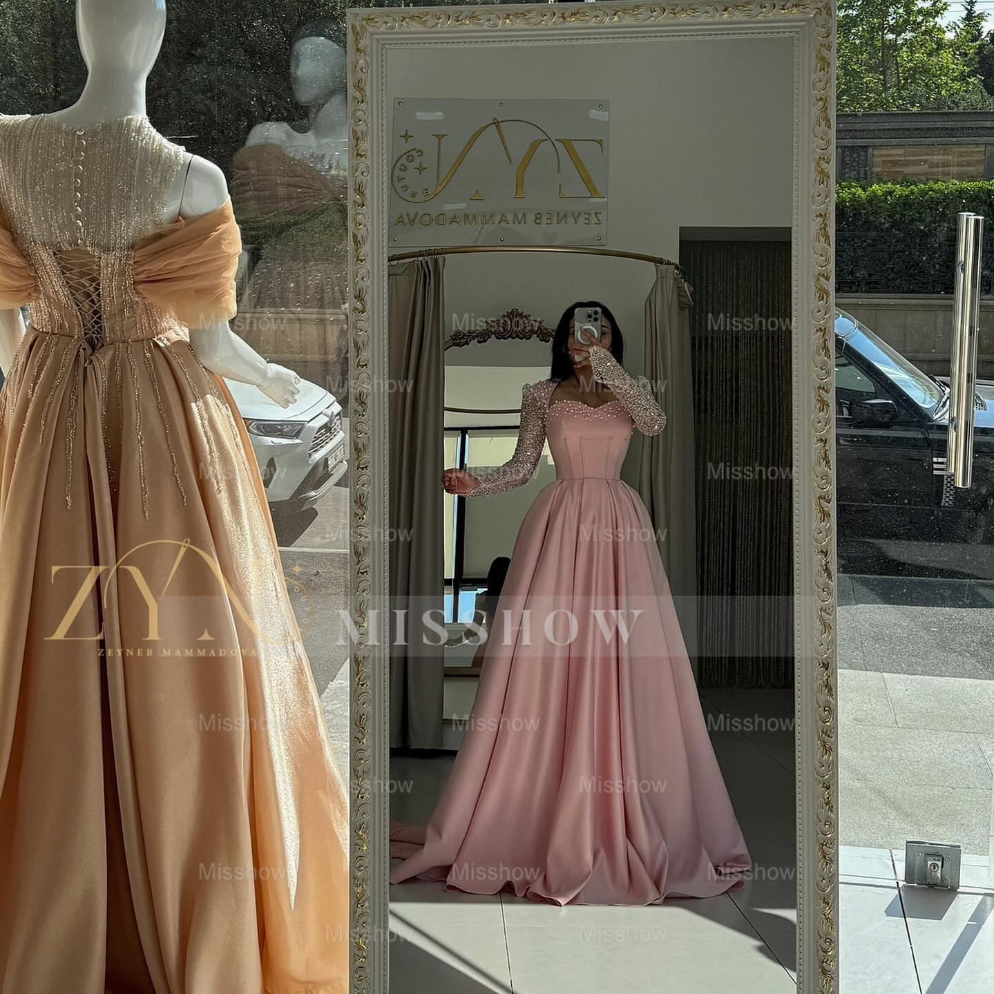 Princess Pink Sweetheart Long-Sleeve A-Line Formal Dress with Rhinestones