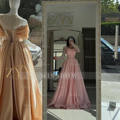 Princess Pink Sweetheart Long-Sleeve A-Line Formal Dress with Rhinestones