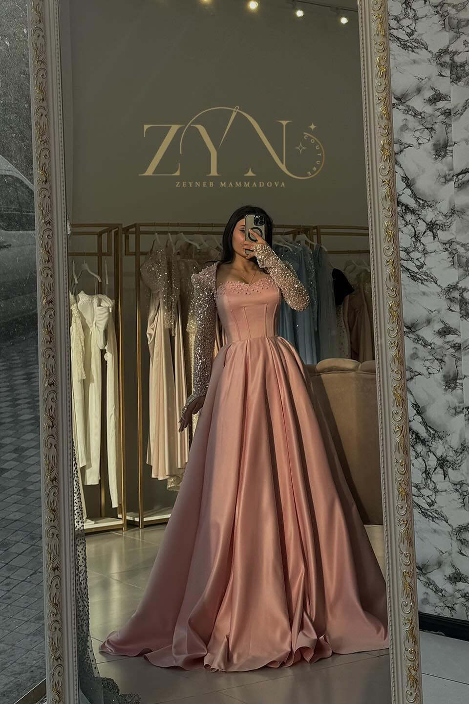 Princess Pink Sweetheart Long-Sleeve A-Line Formal Dress with Rhinestones